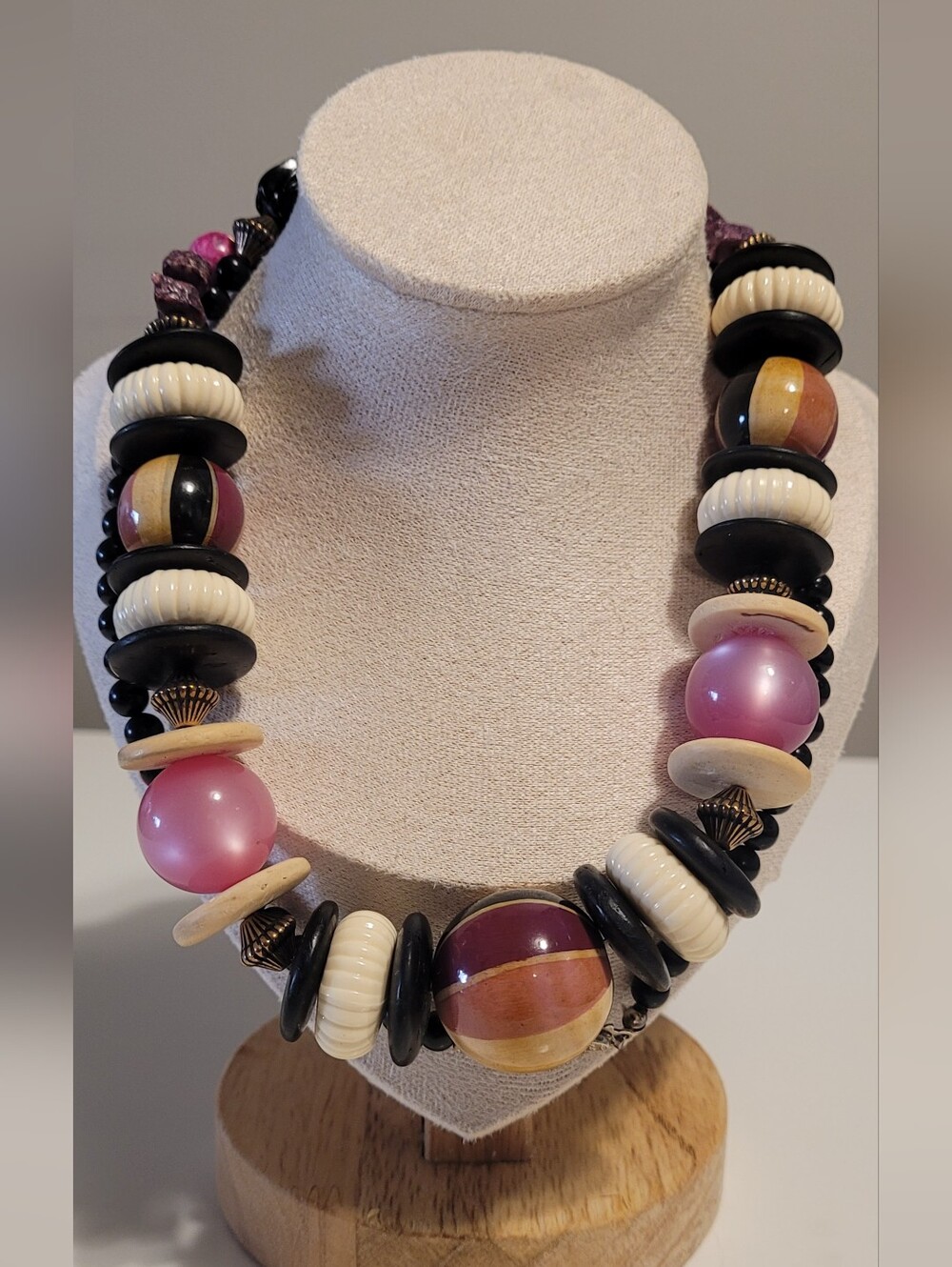 Vintage Artisan Mixed Bead Statement Necklace | Wood, Cat's Eye Glass & Stone